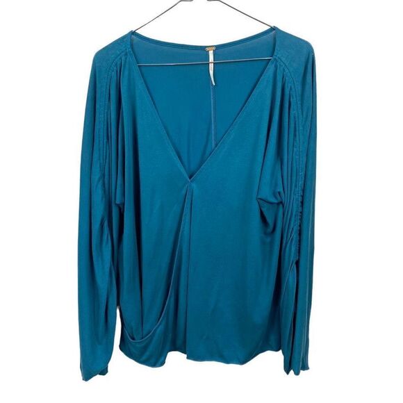 Free People Salt N Peppa Strappy Ruched Sleeve Modal Blend Jade Green Blue Top M - Picture 3 of 11